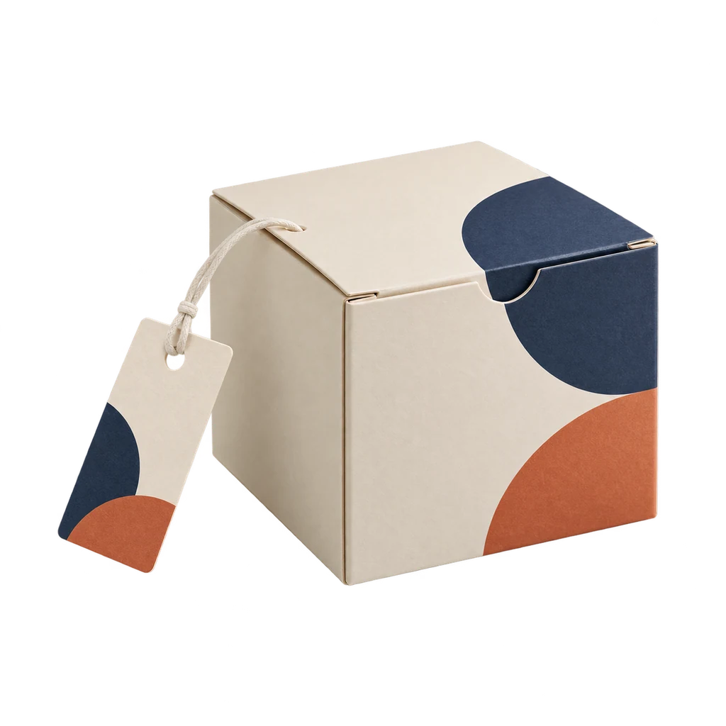 Printed carton and hang tag — illustrative scene