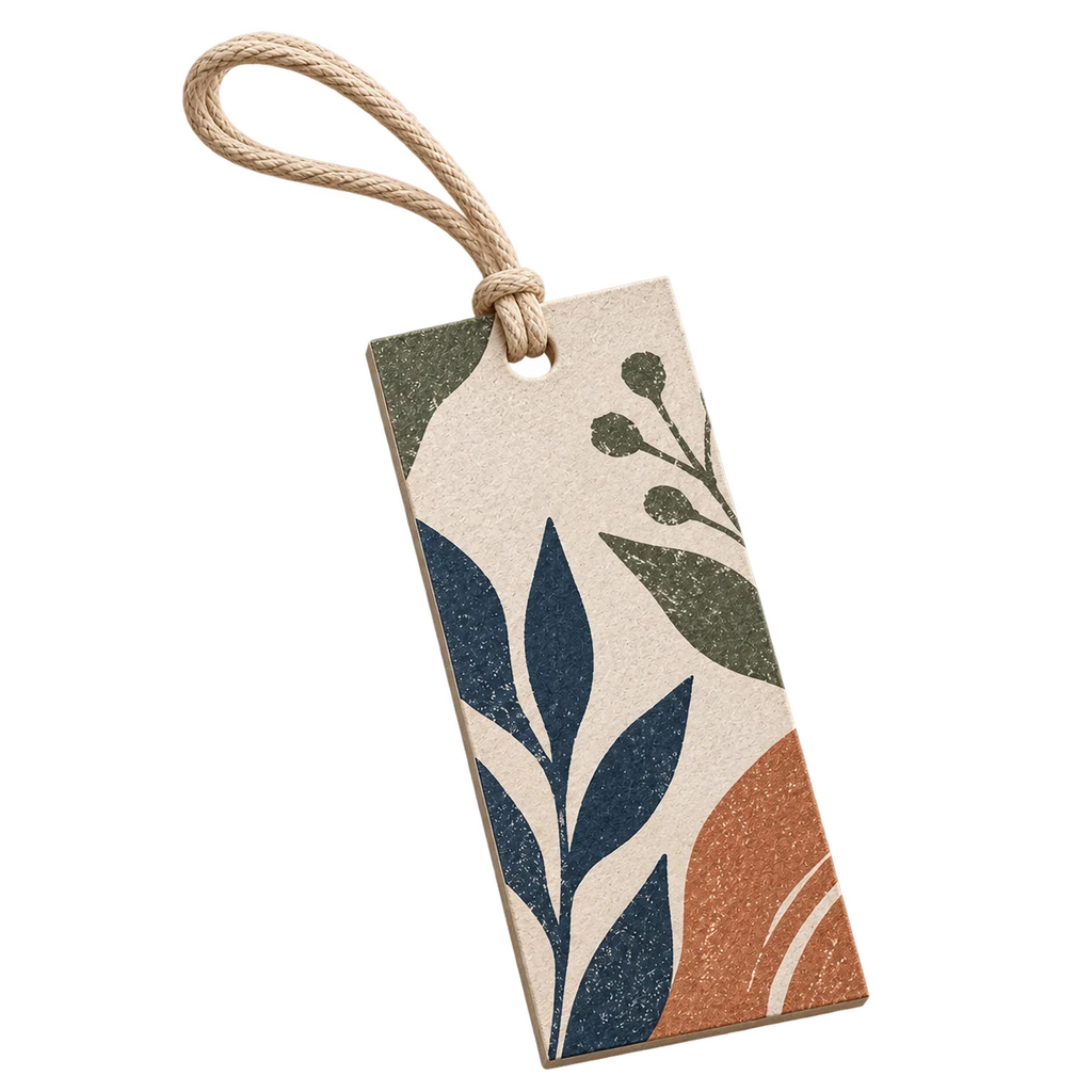 Unbranded paper hang tag with botanical print — illustrative scene
