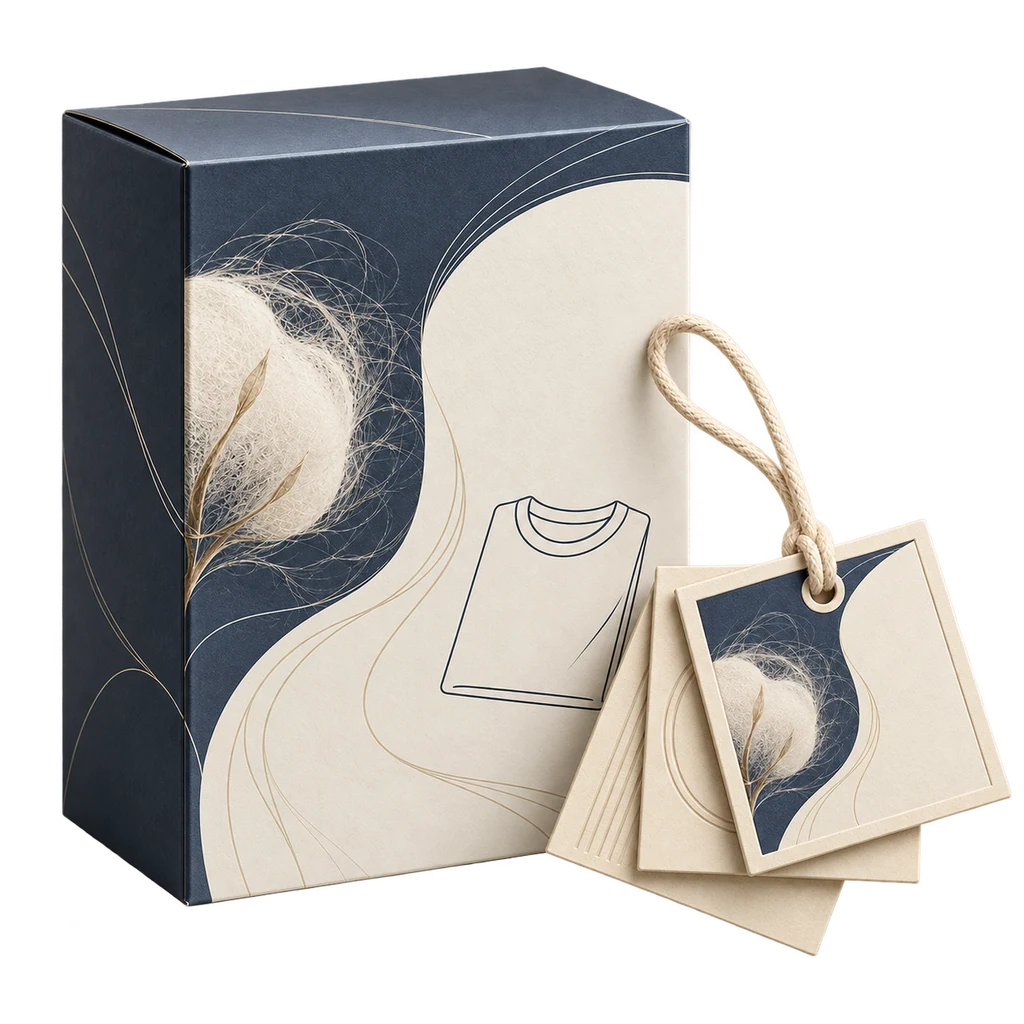 Indigo and cream apparel carton with cotton line artwork — illustrative scene